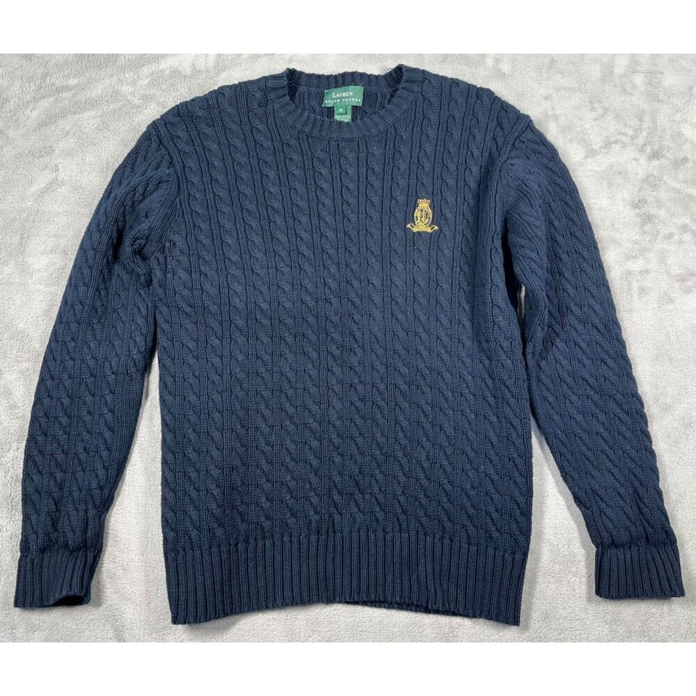 Ralph Lauren Cable Knit Sweater Womens Navy Blue Medium Preppy RLL Crest Cotton